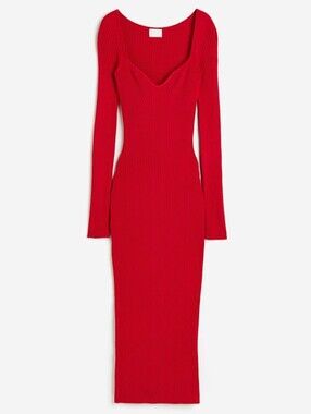 H&M Ribbed Knit Sweetheart Neck Midi Dress XL Bodycon Long Sleeve